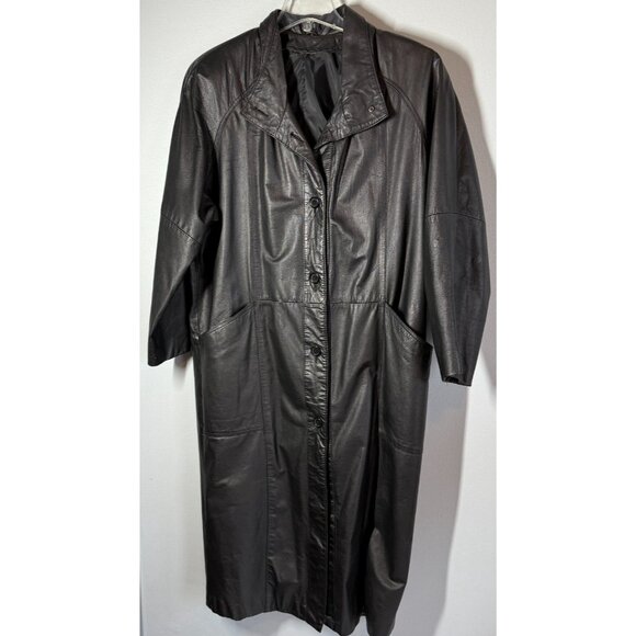 Vintage Womens Black Leather Jacket Trench Coat Medium Button Up Matric Goth - Picture 1 of 11
